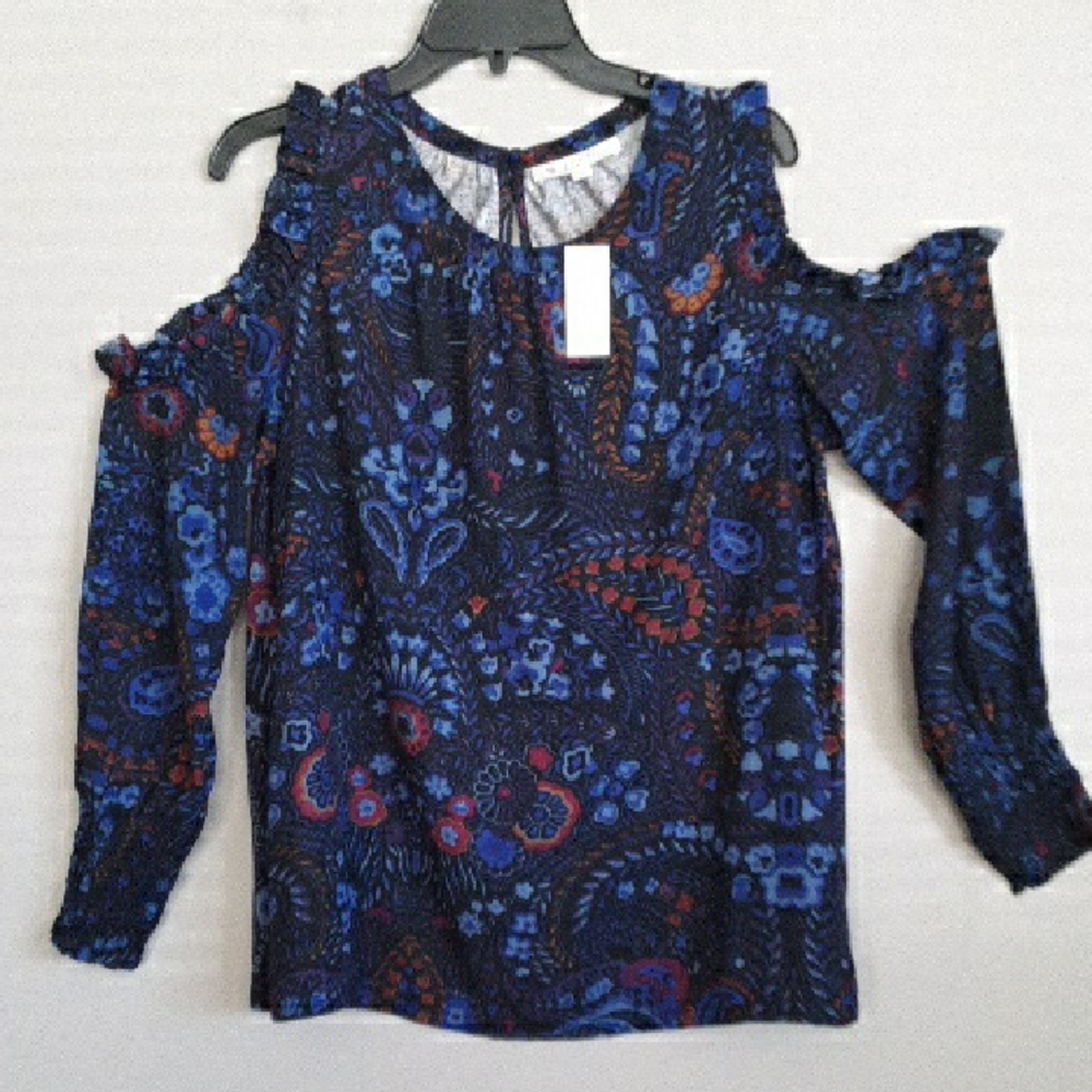 Loft Cold-Shoulder Printed Ruffle TrimWomen's Top in Navy